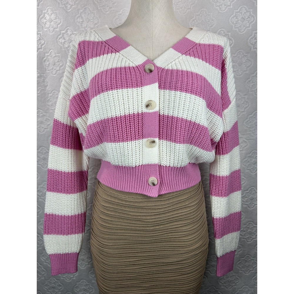Moon & Madison Pink Striped Cropped Cardigan Sweater Women Medium ST20194